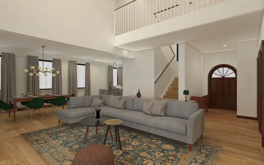 Interior: double-height living room render showing the full spatial volume with walnut mezzanine gallery, glass staircase balustrade, Art Deco walnut library doors, and herringbone oak floor throughout