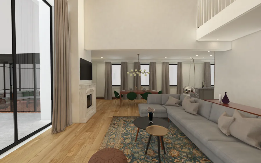 Interior: living room dusk mood render from the orangery side showing the double-height space with warm interior lighting, walnut mezzanine gallery above, and glass conservatory connection in foreground