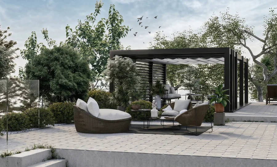 Under-pergola view render showing outdoor furniture arrangement with retractable canopy and pool terrace beyond
