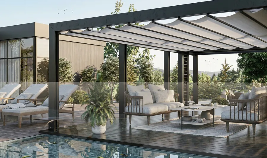 Circular tree bench planters render with loungers on manicured lawn and aircraft hangar visible in background