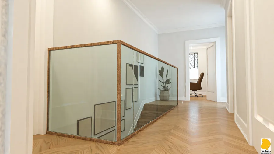 Detail: staircase render with solid oak treads, glass balustrade panels, black steel handrail, and under-stair flush white panel storage integration — ARKOR glass system specification