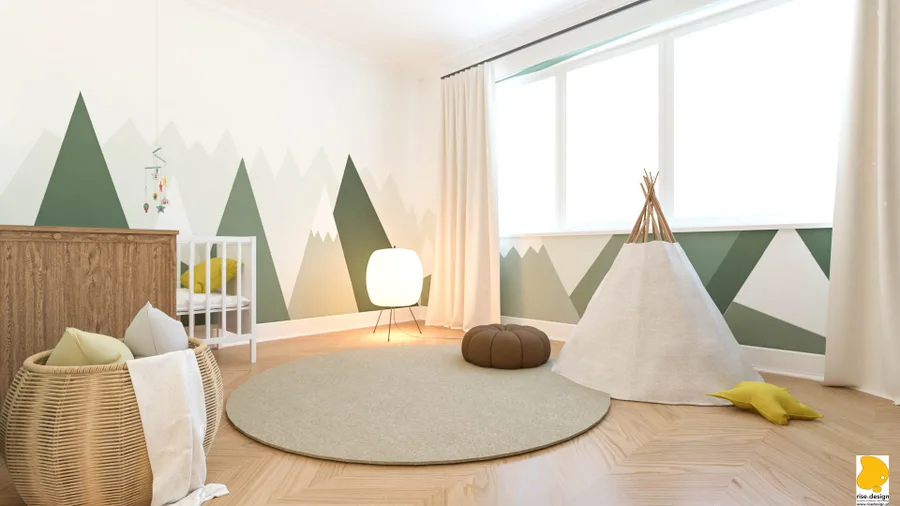 Interior: children's nursery render with mountain landscape wall mural in sage green tones, canvas tepee play tent, wicker bassinet, round play rug, and oak herringbone floor throughout