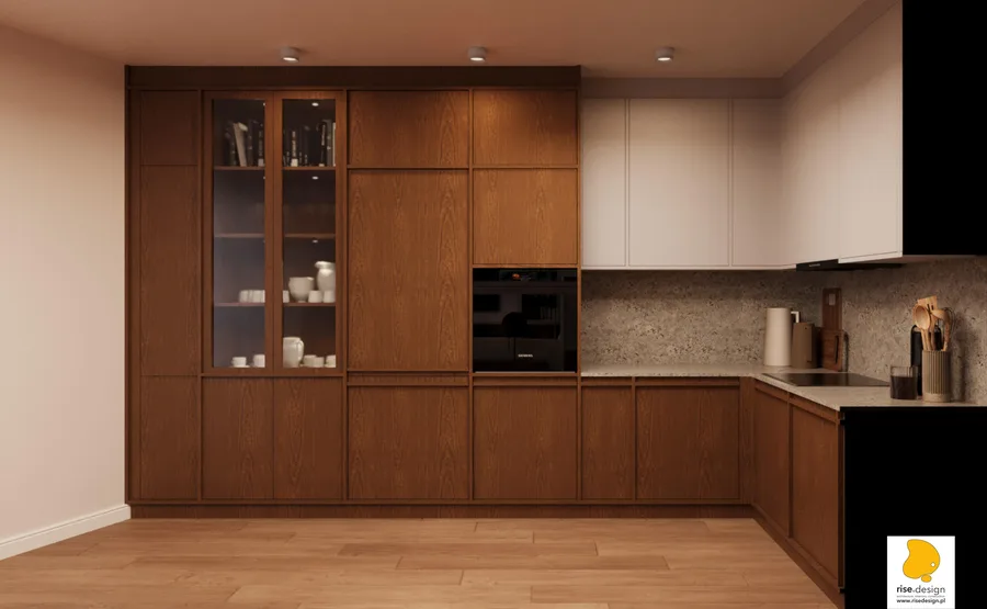Gallery: hallway with custom walnut shoe cabinet, coat hooks, round mirror, and dark-wood portal frame transition into open-plan living area
