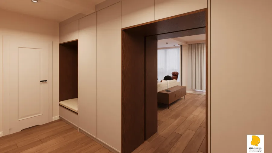 Gallery: living room with cream sofa, walnut coffee table, patterned blue rug, and dark glass-door bookcase display cabinet as soft room divider