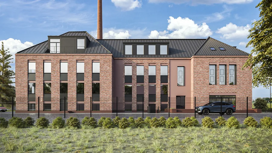 Gallery: corner perspective render in light cream brick variant showing the alternative material concept with contemporary minimal aesthetic, dramatic vertical window proportions, and full building volume