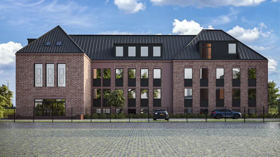 Gallery: bird's-eye render from garden side showing light brick variant with standing seam metal roof, dormer windows, industrial chimney, and surrounding suburban landscape context