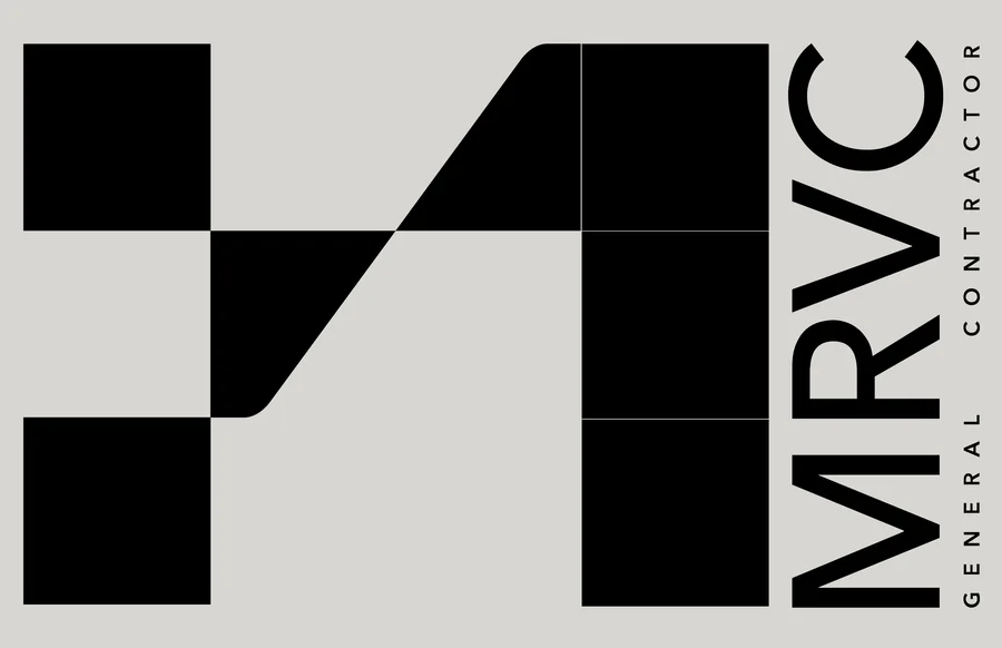 Branding: MRVC business card design for Diogo Leitao showing geometric logo, contact details, and professional corporate identity on dark background