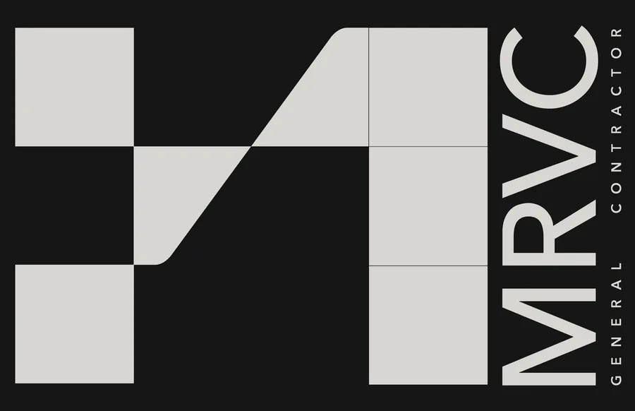 Branding: MRVC business cards for all partners showing unified corporate identity with geometric logo and consistent design language across team members