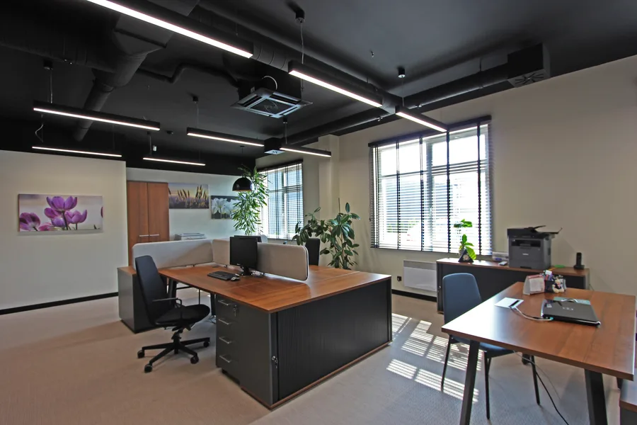 Interior: private office with paired walnut desks, grey fabric dividers, black chairs, walnut wardrobe wall, floral canvas art, and natural window light
