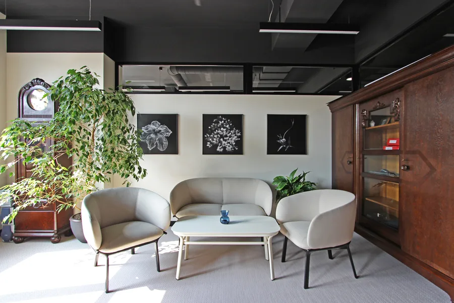 Interior: lounge waiting area with lounge sofa and armchairs in cream, three black-and-white botanical art prints, antique grandfather clock, and ficus tree