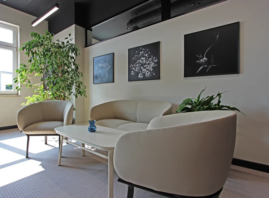 Interior: lounge frontal view with Grace sofa and armchairs, botanical prints as focal point, indoor plants, blue glass vase, and natural window light