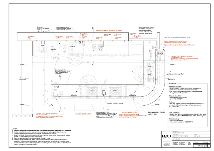 Drawing: bar furniture detail elevation and plan showing suspended mesh shelf, bottle display, countertop dimensions, and seating arrangement