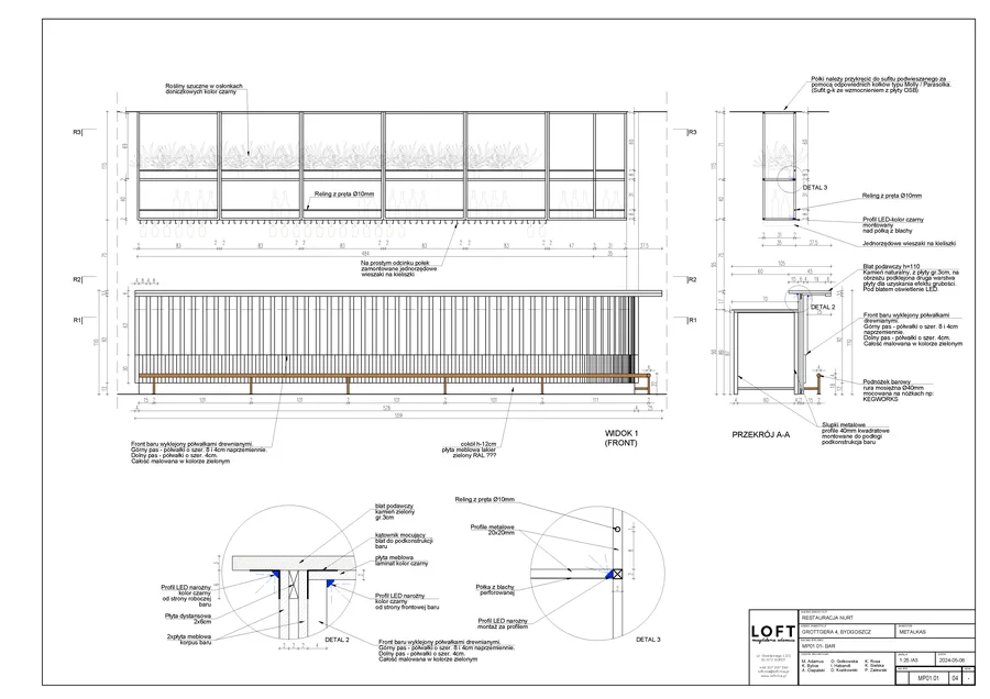 Drawing: bar furniture construction detail showing counter profile, undercounter storage, glass rack positions, and LED lighting integration