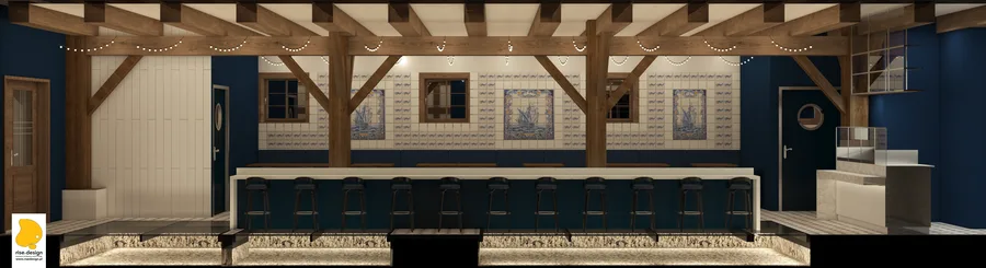 Detail: azulejo tile wall close-up render showing hand-painted Portuguese sailing ship murals with decorative fish-motif border tiles — a cultural design element connecting the designer's heritage to the maritime location
