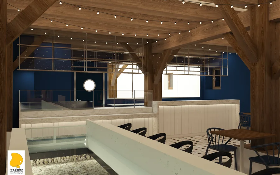 Interior: half-timber wall side render with upholstered banquette seating, massive timber Y-columns creating organic canopy effect, azulejo tile panels, and exposed heritage structural elements visible