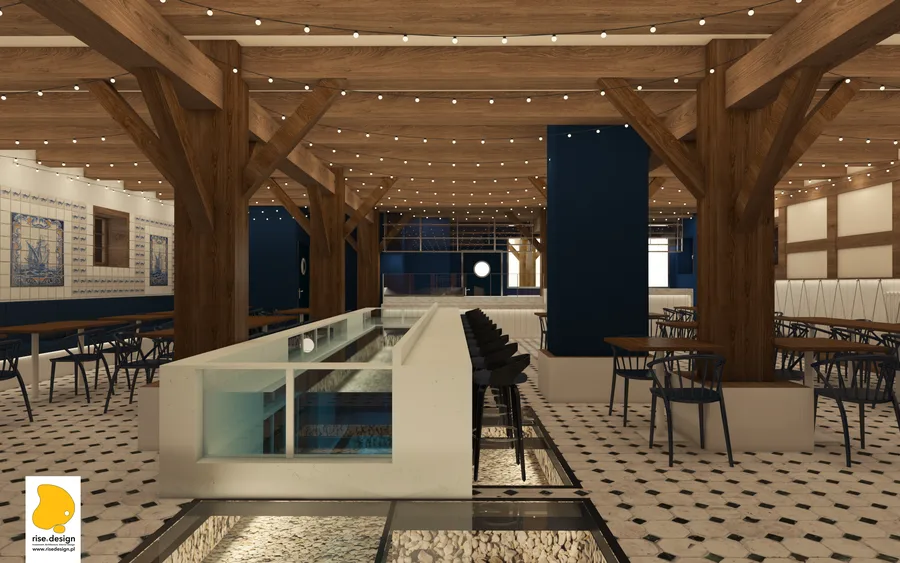 Interior: azulejo tile wall frontal render showing the hand-painted Portuguese sailing ship murals with fish-motif border tile strips as cultural heritage reference connecting Portuguese tradition to the port