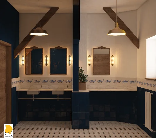 Interior: women's bathroom render Option A with fish-motif border tiles, glossy navy lower wall tiles, ornate carved wooden mirrors, brass Art Deco Narci sconces, and marble counter vanities