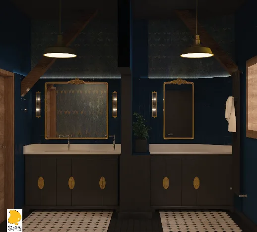 Interior: bathroom dark variant render Option B with full navy blue walls, dark botanical wallpaper on the gable end, brass oval medallion cabinets, gold-framed mirrors, and industrial brass pendant