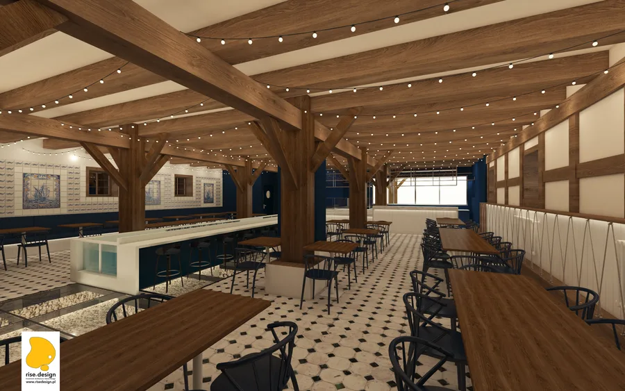 Interior: warm golden-light overview render showing both dining walls, glass aquarium centrepiece, massive timber Y-columns, upholstered banquette seating, and the full Czech-inspired restaurant atmosphere