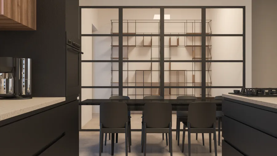 Interior: kitchen and dining render with Crittall-style black steel-framed glass partition, dark anthracite cabinetry, dining table with dark chairs, and open shelving study visible through the glazing