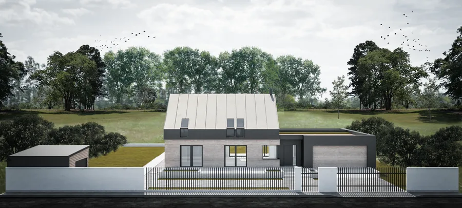 Exterior: front elevation render showing modern barn silhouette with steep symmetrical gable, dark metal roof, timber cladding on lower walls, white boundary walls, and vertical bar fencing