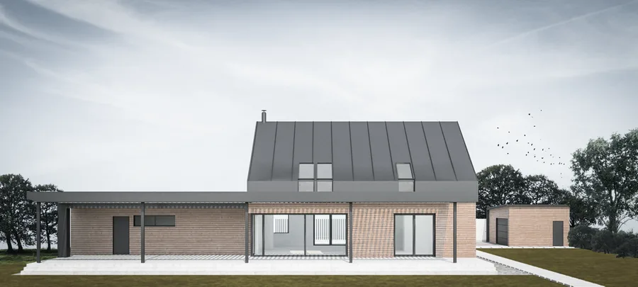 Exterior: rear garden view render showing standing seam metal gable roof, full-height glazing with steel pergola, timber lower cladding, and detached flat-roofed garage wing