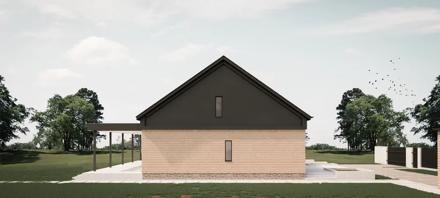Exterior: side gable elevation render showing dark anthracite standing seam metal roof volume, timber cladding on lower portion, and bold monolithic dark gable end with narrow vertical windows