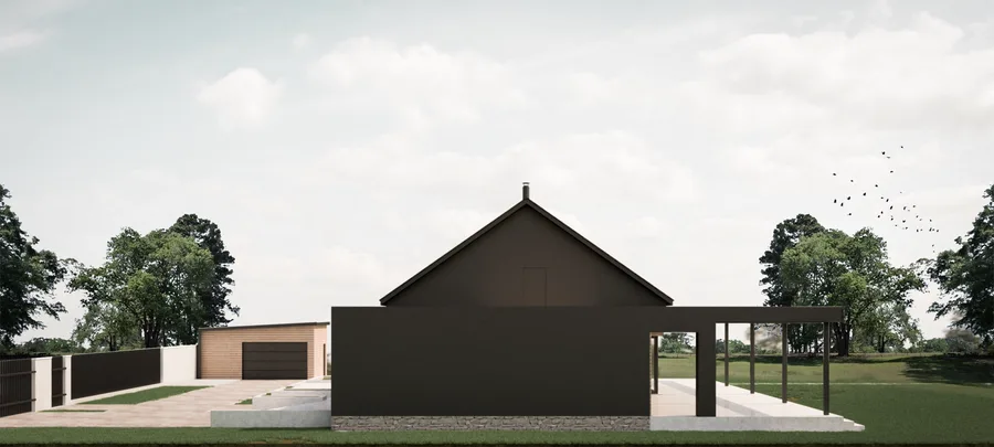 Exterior: front approach render showing steep dark gable with number 8, detached garage with flat roof, dark steel pergola structure, and white boundary walls with entrance gate