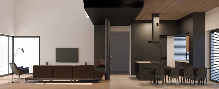 Interior: open-plan living and kitchen render with double-height ceiling, brown leather sofa, dark anthracite kitchen island, oak parquet flooring, and mezzanine level above