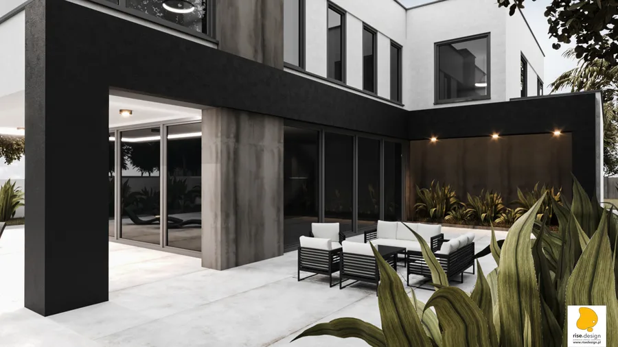 Detail: close-up of cantilevered upper floor volume showing black facade panel cladding, exposed concrete pillar texture, and floor-to-ceiling corner window system dissolving the building edge
