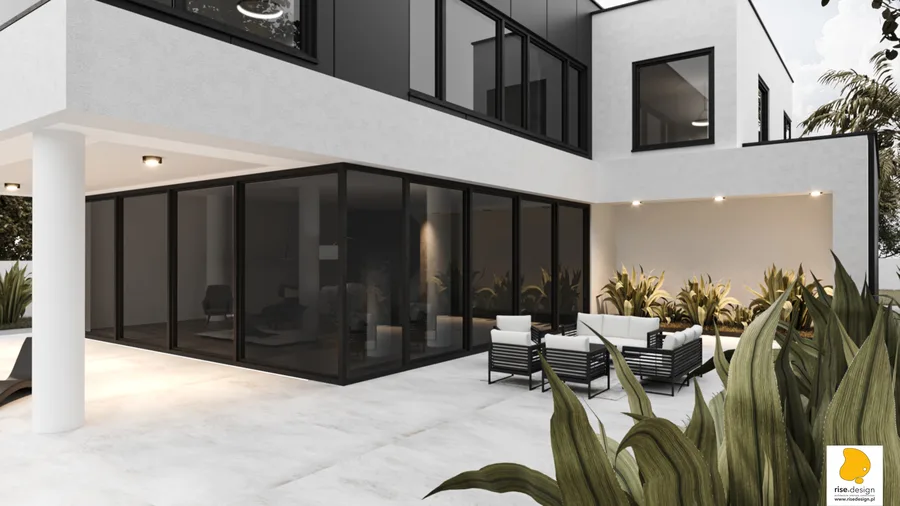 Detail: rear terrace close-up showing 828 centimetre wide lift-and-slide glass system fully open to pool deck, covered outdoor dining zone under dark pergola overhang, and large-format stone paving