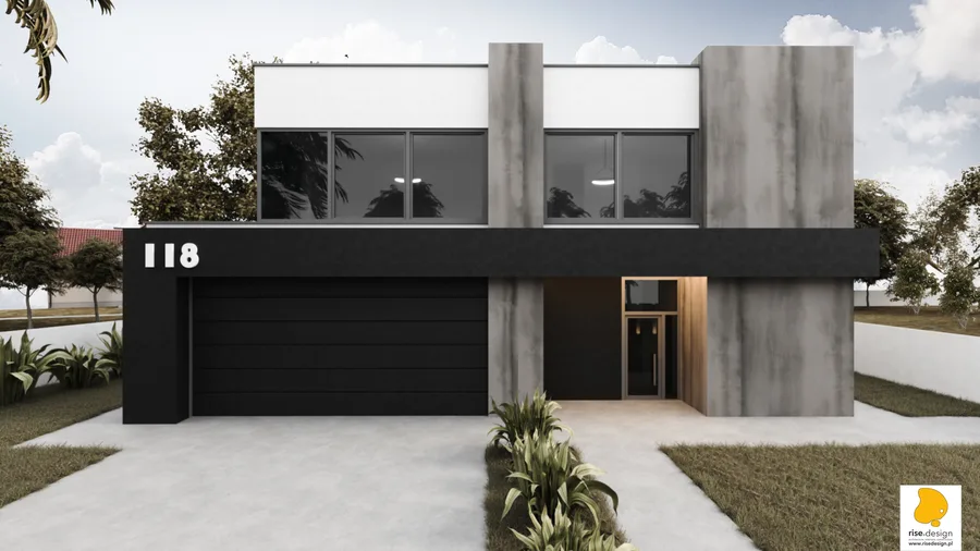 Gallery: street approach render Version 1 showing dark brutalist aesthetic with raw concrete-textured pillars, anthracite facade, warm wood entry portal, LED-lit concrete fence pillars, and cobblestone driveway
