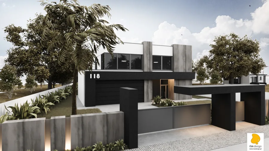 Gallery: garden elevation render showing full-width south-facing glazing wall connecting living area to terrace and cross-shaped pool, covered outdoor lounge under dark pergola, and mature garden planting