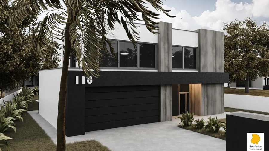 Gallery: side elevation render showing material contrast between black panel-clad upper volume and recessed ground floor with exposed concrete columns creating dramatic floating box composition