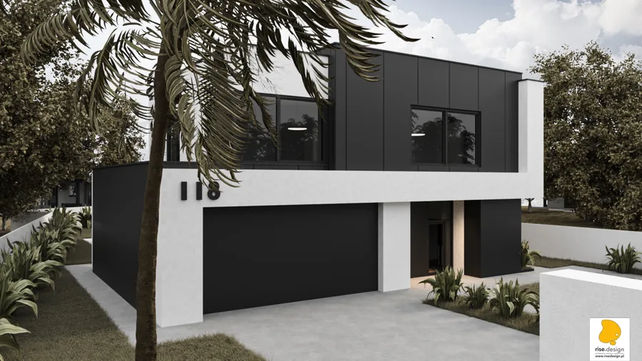 Gallery: Version 2 light facade variant with white rendered fence pillars and boundary walls, same black upper cladding, creating cleaner contrast between dark and light elements