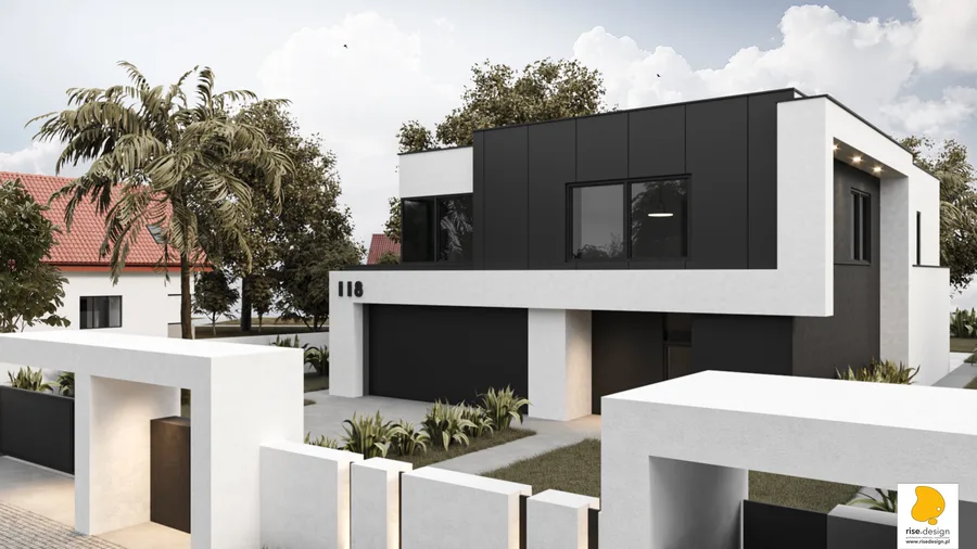 Gallery: garden elevation night render with dramatic interior illumination through full-width glazing, pool water reflections, landscape lighting, and dark facade silhouette against evening sky