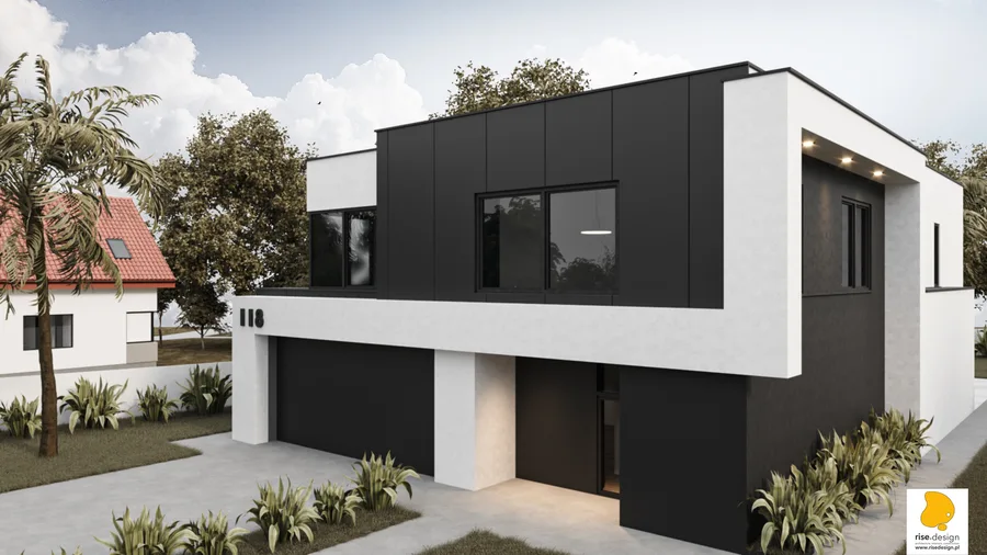 Gallery: Version 1 dark brutalist entrance showing raw concrete-effect fence pillars with integrated LED uplighting, dark metal sliding gate, cobblestone approach, and dark anthracite facade tones