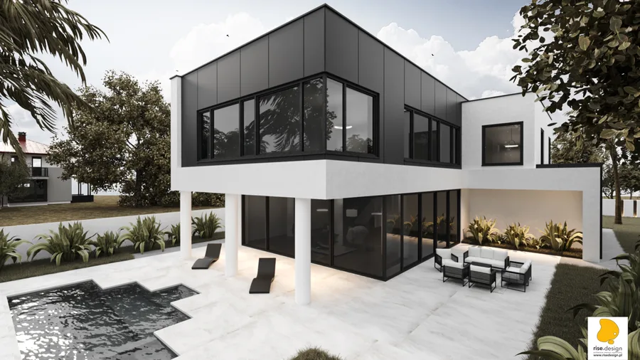 Gallery: side facade render showing the building's horizontal emphasis band wrapping the entire house, separating the two stories and creating the signature floating box effect above columns