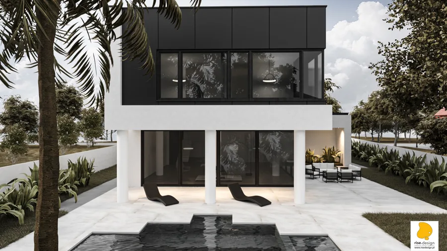 Gallery: pool deck perspective render with geometric water feature, contemporary outdoor furniture, gravel garden paths, ornamental planting, and the house rear facade with south-facing glass wall