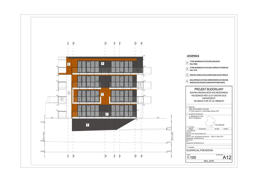 Elevation: coloured facade drawing showing residential building elevation with three-material palette of white plaster, anthracite window surrounds, and golden oak boards with stainless steel balcony railings