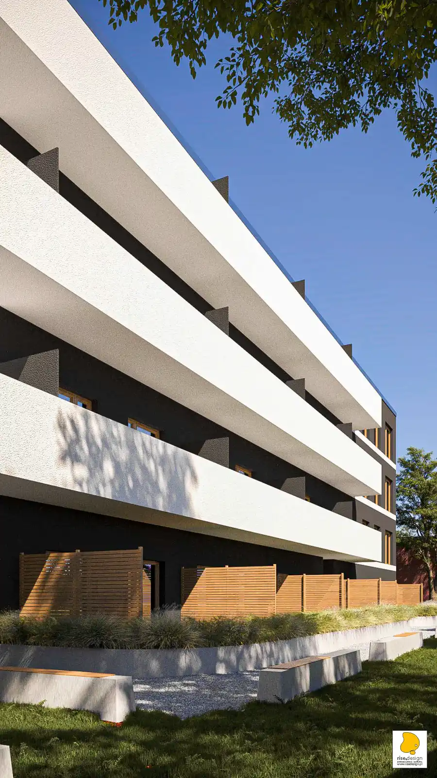 Front elevation render showing Concept I dark facade with rhythmic balcony projections, ground-floor glazing, and street tree planting