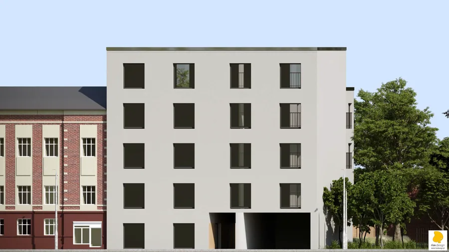 Courtyard panoramic render showing the enclosed garden space between building wings with mature planting and balconies above