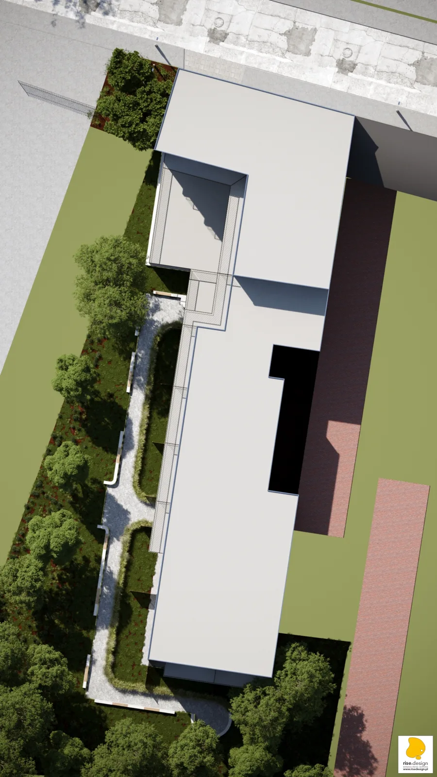 Garden corner render showing the building's most expressive angle with stepping volumes, rhythmic balcony projections, and courtyard garden below