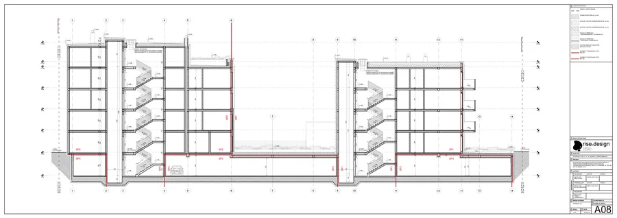 PAB elevation drawing showing Concept I street-facing facade with balcony rhythm, material zones, and ground-floor commercial treatment