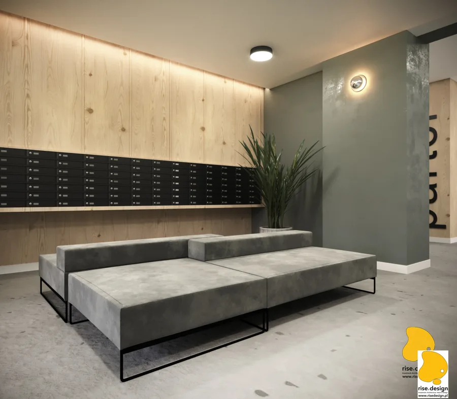 Detail: apartment Option 1 bathroom render with white hexagonal wall tiles, LED-backlit rectangular mirror, floating oak vanity with vessel sink, and grey floor tiles in the compact student unit