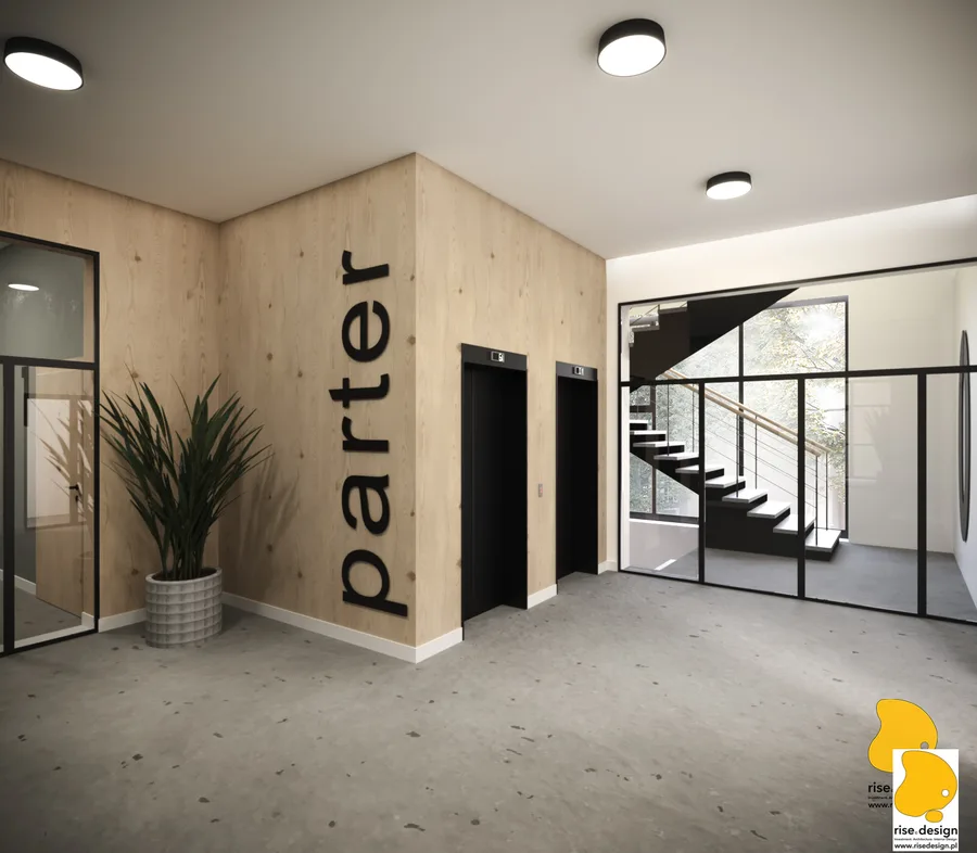 Detail: axonometric lobby and corridor layout render from above showing elevator landing zone, sage green corridor with bold apartment door numbering, and lobby entrance with branded wayfinding