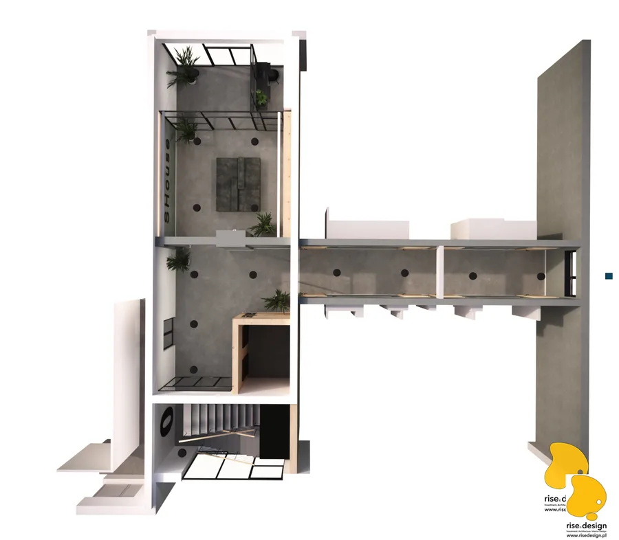 Detail: interior render showing additional apartment or common area design elements with the S House contemporary material palette and spatial composition