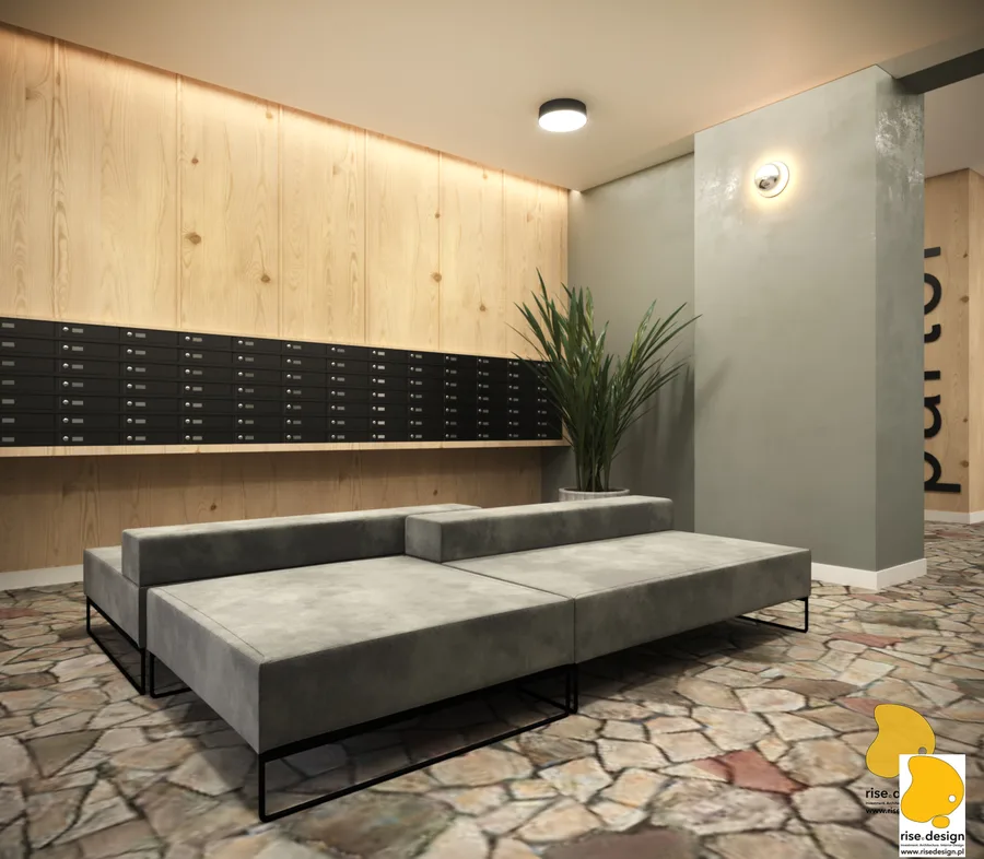 Detail: interior render showing design treatment of apartment variant or shared space within the adaptive reuse student dormitory building