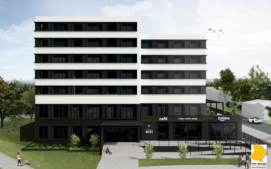 Exterior: human-scale street view render of S House showing pedestrian entrance, ground-floor commercial units with cafe and Zabka convenience store, and eight-storey facade with balconies above