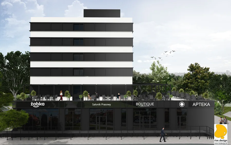 Interior: corridor render with sage green plaster walls, bold black apartment numbers on oak veneer doors, and Crittall-style industrial steel-glass partition at the corridor terminus